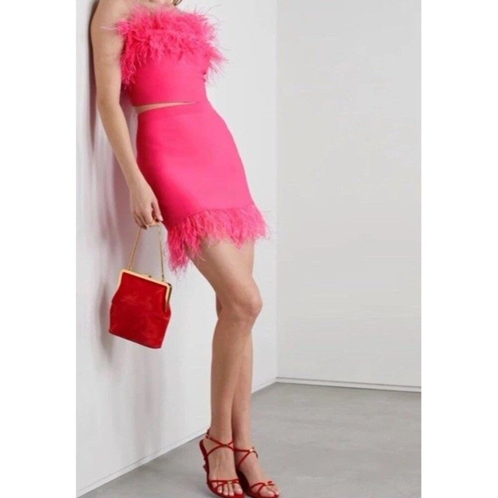 STAUD Chaya Barbiecore Ostrich Feather Trim Knit Mini Skirt Pink Women’s L
